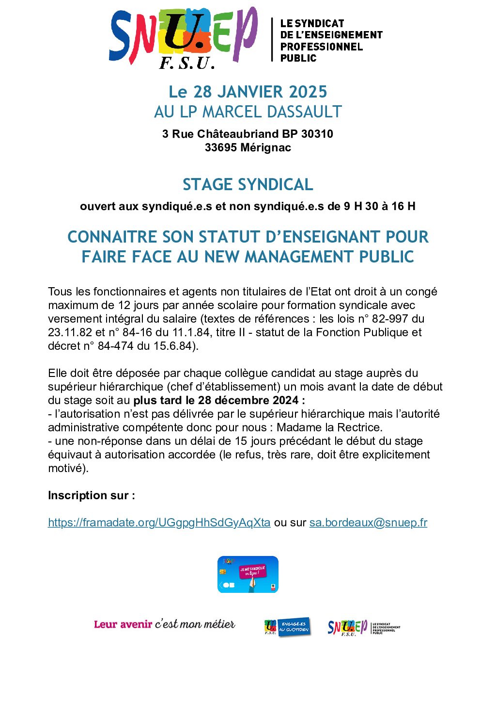 STAGE SYNDICAL : CONNAITRE SON STATUT D’ENSEIGNANT POUR FAIRE FACE AU NEW MANAGEMENT PUBLIC
